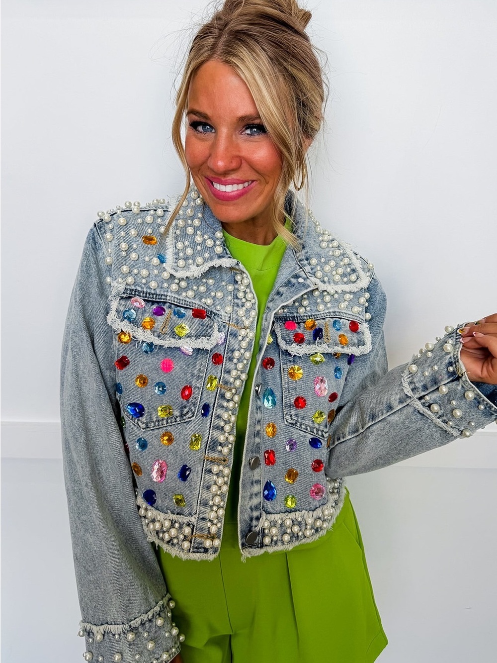 Light Wash Denim Jacket with Pearl Trim and Multicolored Gems